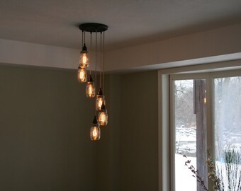 Jar Chandelier Light - 6Strand Spiral Mason Jar Chandelier on 12" Oil Rubbed Bronze Canopy with Edison Bulbs Optional