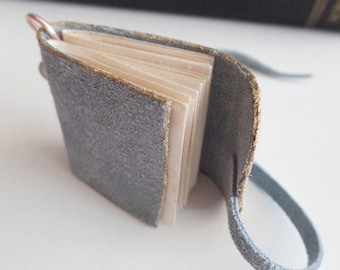 Mini wearable journal pendant blue suede with coffee stained pages USA, love notes diary vows autographs poetry something blue sketch book