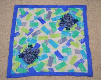Vintage Scarf, Silk Scarf, Floral Scarf, Retro Scarf, Geometric Scarf, Green Scarf, Blue Scarf, Scarf Vintage, Gifts for Her, Women Gift