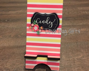 Striped chalkboard/floral label * Pink and Yellow * Personalized * Charging Stand * Display Stand