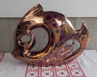 Large IRIDESCENT CERAMIC FISH Modern Art Style Fish From Outer Space 1960s Atomic Age Art