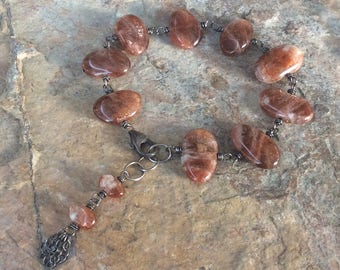 SUNSTONE Bracelet, orange gemstone jewelry, raw nugget jewelry, Sterling silver bracelet handmade by Angry Hair Jewelry