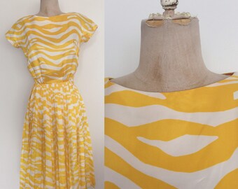 1960's Yellow Striped Animal Print Dress w/ Accordion Pleat Skirt Size Small by Maeberry Vintage