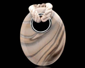 Cappuccino Striped Flint Oval Necklace Pendant Sterling Silver & Handmade 42 x 54 mm Centerpiece