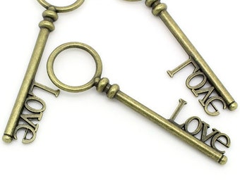 Charm Pendants Key Antique Bronze "Love" Carved