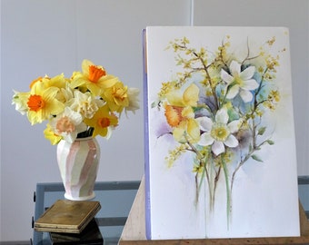 Original daffodil and forsythia watercolor-12 x 18 - watercolor original art- botanical painting- spring flower art- flower watercolor