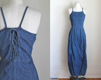 vintage 1990s dress - BLUET denim corset back halter sundress / M