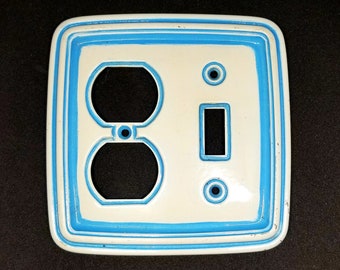 Vintage Painted Porcelain Look Brass Blue and White Light Switch Outlet Cover