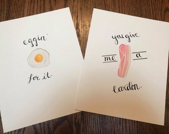 Breakfast In Bed Set, Bacon and Eggs, 2 8x10 Watercolors with Handlettering