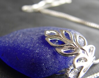 Sea Glass Necklace / sea glass pendant / sterling silver and beach glass jewelry / genuine seaglass necklace / cobalt blue / large necklace