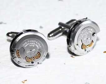 TISSOT Men Steampunk Cufflinks - RARE Luxury Swiss 21 Jewels Silver AUTOMATIC Vintage Watch Movement - Men Steampunk Cufflinks Cuff Links