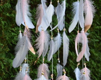 Boho Baby Mobile, Gray and Pink Gold Nursery Decor Baby Girl Mobile, Boho Dreamcatcher Feather Mobile, Gray Pink Gold Boho Nursery Decor