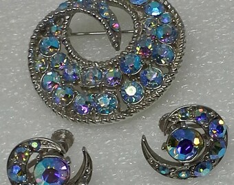 Vintage 1960s brooch and earrings set aurora borealis rhinestones silver tone