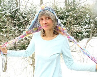 hand knit fairy hat art yarn beaded fantasy faerie hairnet hood hat - dream muse
