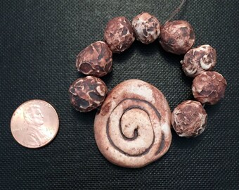 Handmade Beads; Pottery Beads, Ceramic Beads, Round Beads, Swirl Bead, Natural Beads, Stoneware Beads, Porcelain Beads, Unique Beads, Earthy