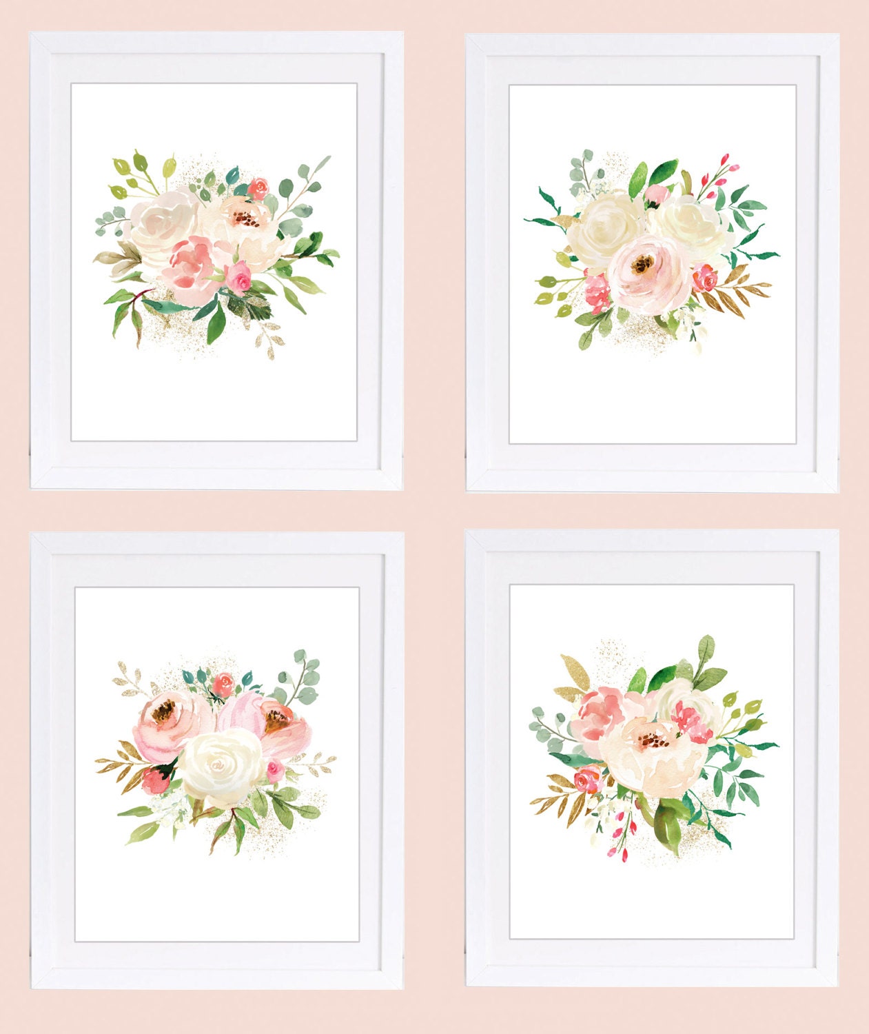 Set of 4 Prints Floral Nursery Wall Art 11x14 inches Rose
