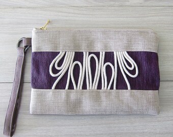 Beige and Purple Boho Wristlet With Removable Strap