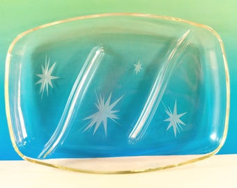 Vintage Divided Relish Dish. Clear Glass with Etched Starbursts. 1950'-1960's Trinket Dish. Mid Century Modern Dresser Tray. Atomic Barware.
