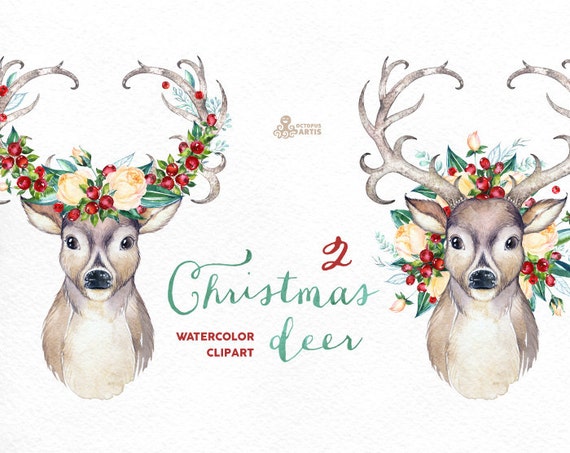 christmas deer 2 watercolor deers antlers flowers hand painted clipart reindeer floral invite country diy clip art horns holiday - Reindeer Images 2 christmas deer 2 watercolor deers antlers flowers hand painted clipart reindeer floral invite country diy clip art horns holiday - Reindeer Images 2