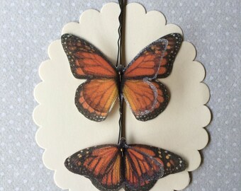 Handmade Butterfly (Monarch) Hair Bobby Pins in Orange Cotton and Silk Organza Fabric - 2 pieces