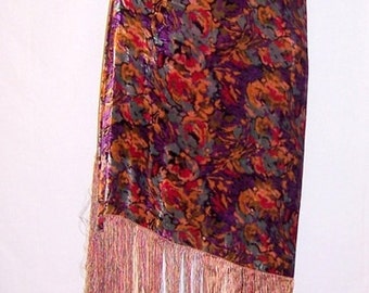 1920's Art Deco-Multi-Colored Silk Velvet Shawl with Fringe