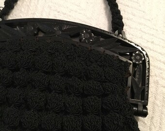 Vintage 1960s Black Crochet and Floral Resin Evening Bag - Made in USA