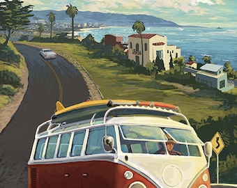 San Diego, California - VW Van Cruise (Art Prints available in multiple sizes)