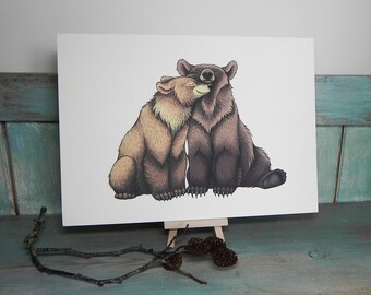 Bear Couple Illustration - A4 Print on 270gsm Card available in 3 Colours