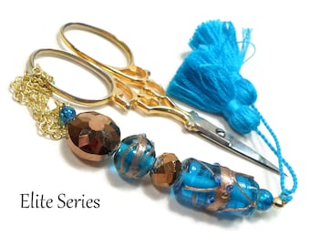 Azure Blue Scissor Fob, Beaded Key Fob, Bronze, Needlepoint, Quilting, Sewing Accessory, Cross Stitch, Scissor Minder, Purse Dangle