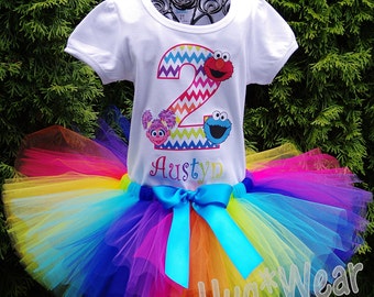 Rainbow Chevron S Street Elmo Abby Cookie Monster Big Bird Birthday Shirt + Tutu outfit (Any age or character)