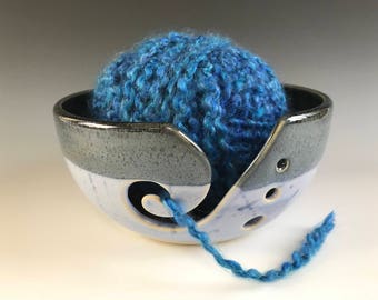 Ceramic Yarn Bowl, Pottery Knitting Bowl, Dark Blue and Periwinkle