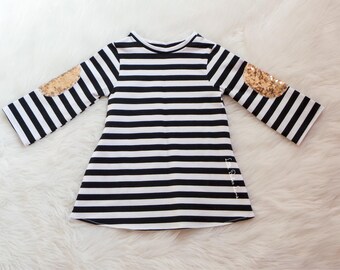Black and White Stripe Dress / A-Line Dress / Girls Dress / Baby girl Dress / Jersey Knit / 1st Birthday Dress / 2nd Birthday Dress