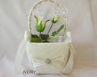 Wedding basket, Ivory basket, Lace basket, Wedding decoration, Flower girl basket, White basket