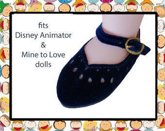 Doll shoes, 2-3/8 in long x 1-1/8 wide, Navy doll shoes, Animator doll shoes, Mine to Love 14 doll shoes, faux suede doll shoes