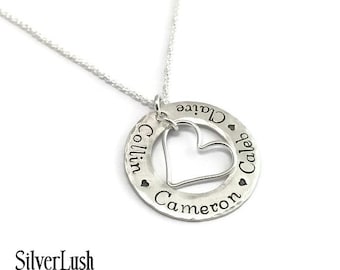 Hand Stamped Mother's Necklace with Four Names - Sterling Silver Mommy Jewelry