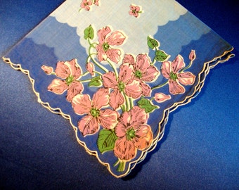 Pink floral hankie with blue hanky handkerchief scalloped edges