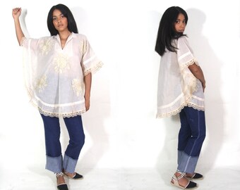 Vintage 70s Sheer Ivory Cotton Mexican Embroidered Caftan Top Tunic Wide Angel Sleeve Hippie