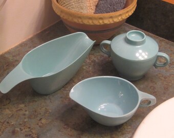 Vintage Aqua Melmac Sugar, Creamer and Gravy Boat 1950 Era