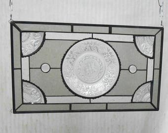 Stained Glass Window Panel Recycled Vintage Tiara Sandwich Glass Plates, Stained Glass Transom Window, Handmade Antique Glass Window Valance