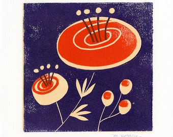 Runacula. 3-color lino block print