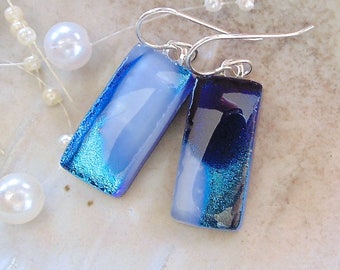 Blue Earrings, Fused Dichroic Glass Earrings, Dangle, Fused Glass Jewelry, Blue, White, A4