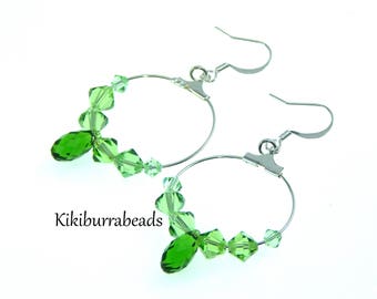 Emerald Earrings, Silver hoop earrings, Swarovski Crystal Earrings, Circle Earrings, May Birthstone Earrings, Birthstone Jewelry