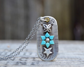 Turquoise Tag Sterling Silver Necklace . Vintage Turquoise . Reclaimed Silver . Hand Forged . Sterling Necklace.Rustic. Necklace.