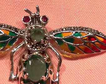 925 silver brooch with two natural emeralds