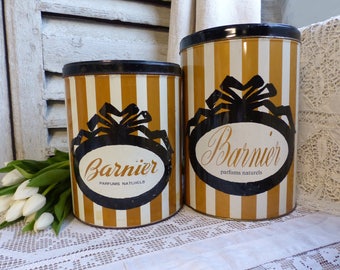 Set of 2 French large candy tins. Gold white stripe. Black ribbon Striped sweets tin. Vintage storage tin Jeanne d'arc living. French Nordic