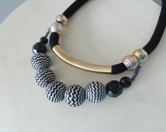 Black white necklace, black gold statement necklace, rope necklace
