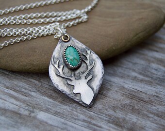 Stag Deer Sterling Silver Necklace . Vintage Turquoise . Sterling Necklace.Rustic. Necklace