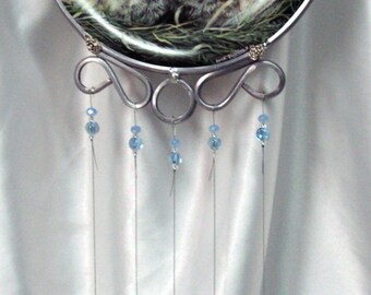 Three Adorable Baby Owls, Upcycled Collectors Plate, Stained Glass Wind chimes, Handmade Chimes, Glass Bead Accents