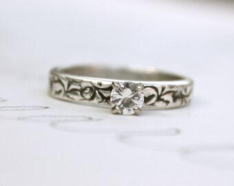 white sapphire engagement ring . unique diamond alternative engagement ring . recycled fine silver band . 10k white gold prong setting