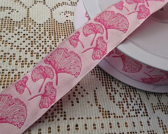 Wholesale Lot 19 Yards Ginkgo Leaf Reversible Trim Jacquard Ribbon 1 Inch Wide Pink INT-A